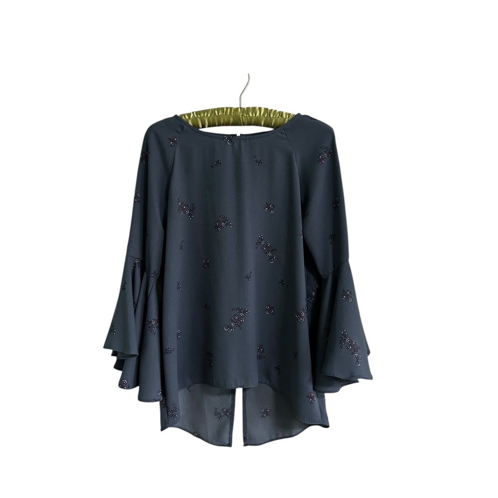 Floral Bell Sleeve Blouse High Low Hem Casual Top‎ Flowy Shirt Gray